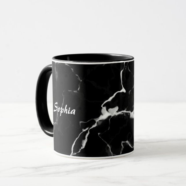 Caneca Textura de mármore preto falso com nome personaliz (Frente Esquerda)