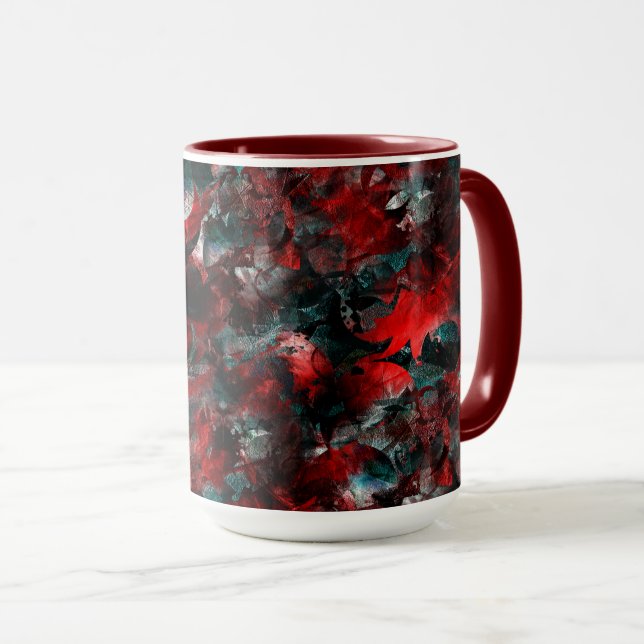 Caneca Textura em folhas vermelhas sujas caídas nas cinza (Frente Esquerda)