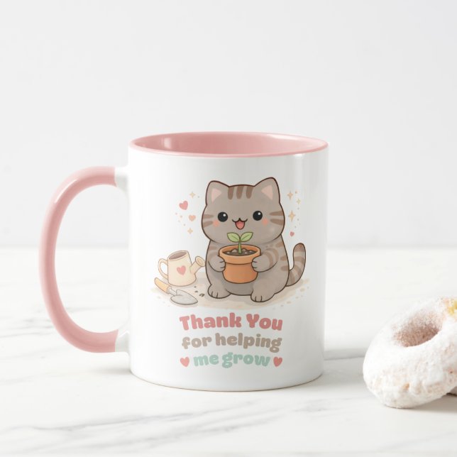 Caneca Thank You for Helping Me Grow Cute Cat Sweet Pink (Com Donut)