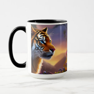Caneca Tigre de olhos azuis e flores cor-de-rosa