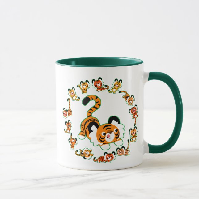 Caneca Tigres de Cartoon Bonitos Tigres Mandala (verde) (Direita)