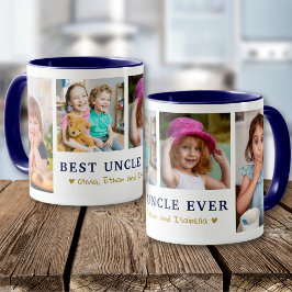 Caneca Tio Melhor Personalizado 4 Fotos Azul Dourado 