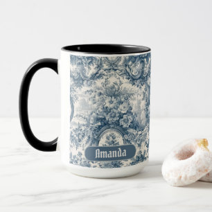 Caneca Toile de jouy monograma floral azul vintage