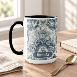 Caneca Toile de jouy monograma floral azul vintage