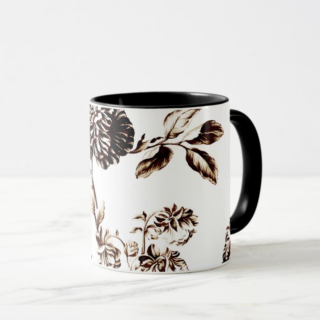 Caneca Toile floral botânico de bronze preto & branco (Frente Esquerda)
