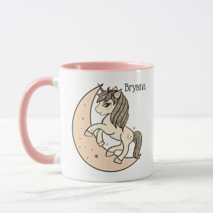 Caneca Tônico Rosa Bege Celestial Lua e Estrelas Unicórni