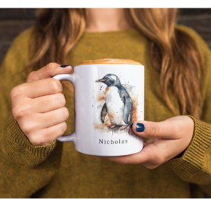 Caneca Tons de Pôr do Sol Pinguim Aquarela, personalizado