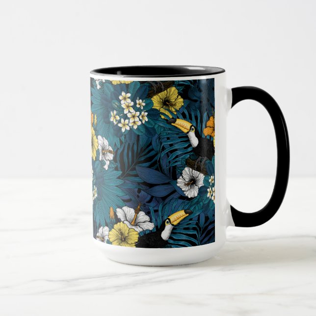 Caneca Toques e flora tropical, azul, amarelo, laranja (Direita)