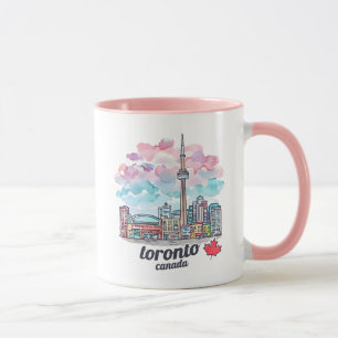 Caneca Toronto Ontário Canadá Aquarela Silhueta CN Tower