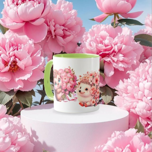 Caneca  Tow cuteRomantic Floral Hedgehog Duo Illustration (Criador carregado)