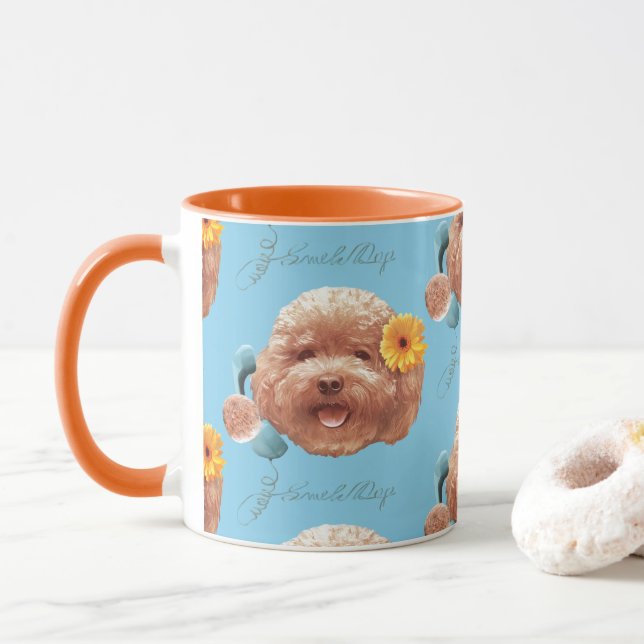 Caneca Toy Poodle com Flor e Ilustração de Telefone (Com Donut)