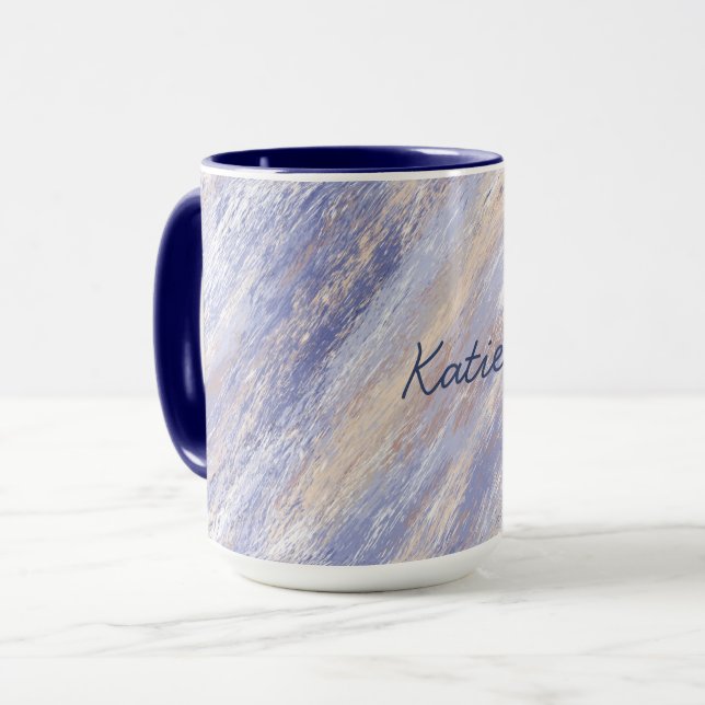 Caneca Traços de Tinta Abstrato Azul e bege Mensal (Frente Esquerda)