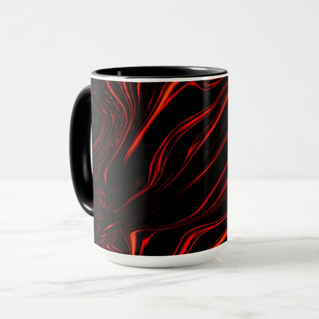 Caneca Traços longos vermelhos ondulados sobre fundo pret (Frente Esquerda)