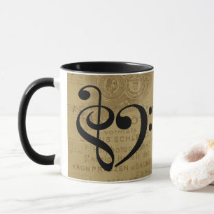 Caneca Treble Clef Bass Clef Heart Vintage Sheet Music