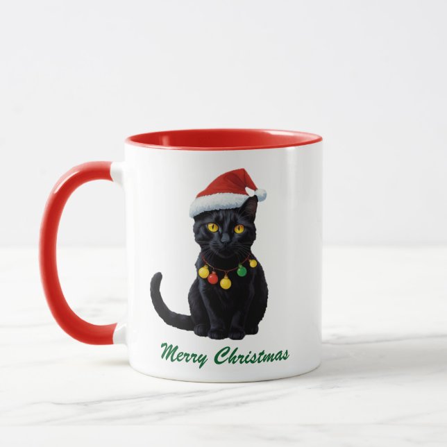 Caneca Trendy Gato Negra de Natal Gato em Santa Hat (Esquerda)