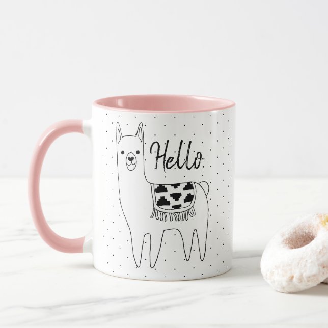 Caneca Trendy Llama Sketch & Black Dots Hello (Com Donut)