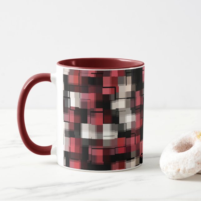 Caneca Trendy Maroon Black White Abstrato Xadrez (Com Donut)