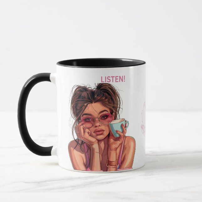 Caneca Trendy "Ouça" Mug com a citação de café assaz (Esquerda)