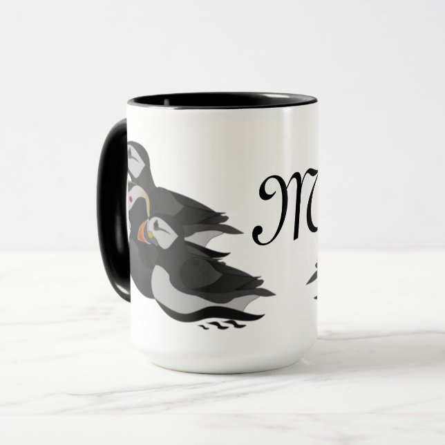 Caneca Três Puffins Adoravelmente Amáveis Nadando Cartoon (Frente Esquerda)