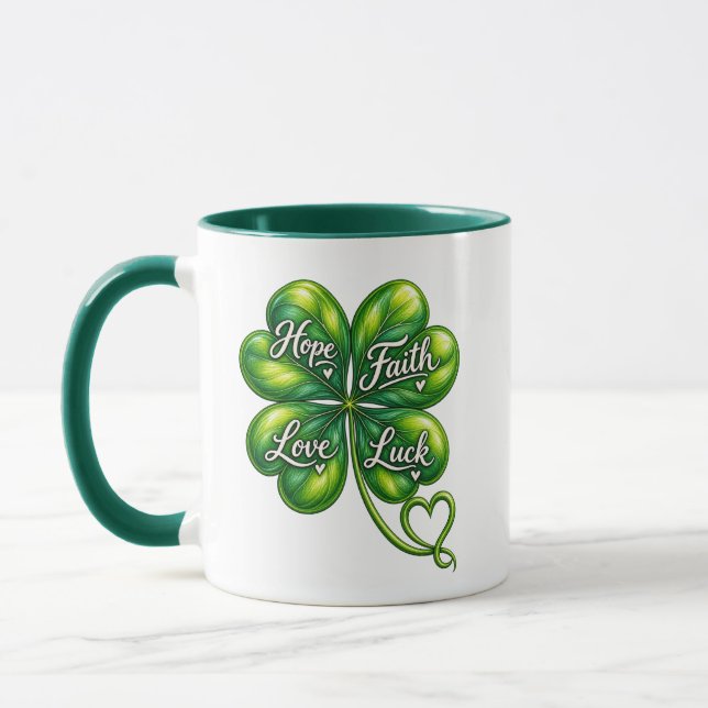 Caneca Trevo de Quatro Folhas Esperança Fé Amor So (Esquerda)
