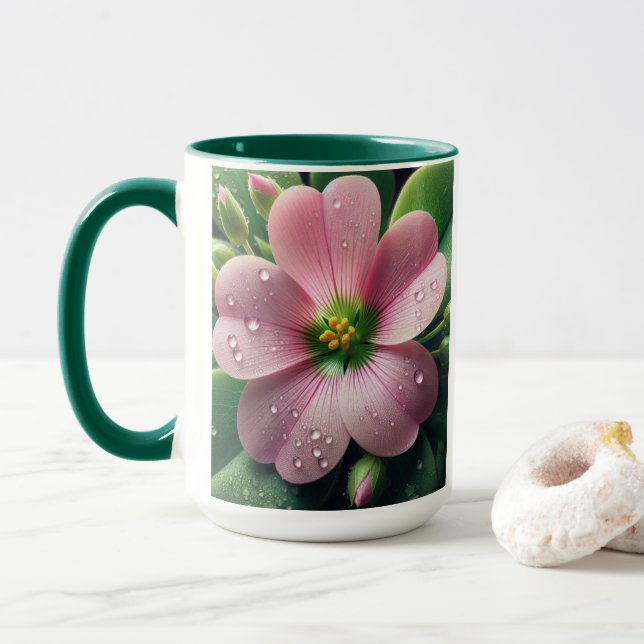 Caneca Trevo Floral Rosa e Verde Oxalis (Com Donut)