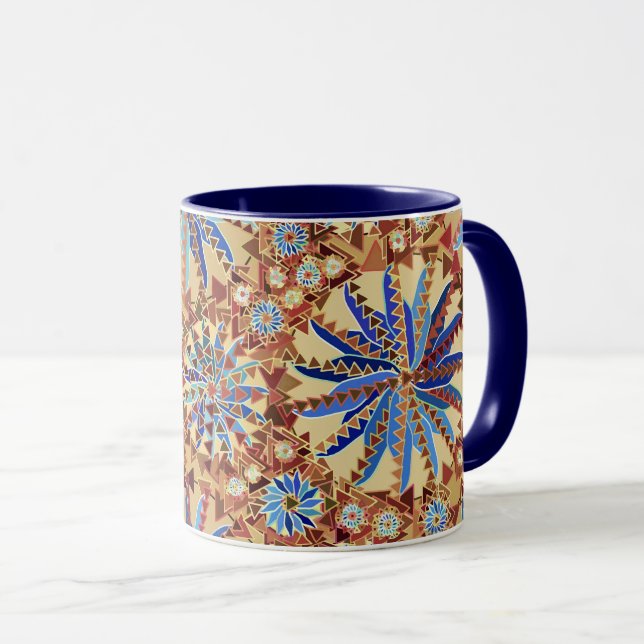 Caneca Tribal Mandala Impressão, Camel Tan e Denim Blue (Frente Esquerda)