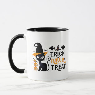 Caneca Trick Rawr Treat Gato Preto Chapéu de Bruxas Hallo