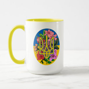 Caneca Tridente ucraniano e bandeira da Ucrânia com flore