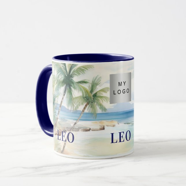 Caneca Tropical beach palm trees name business logo (Frente Esquerda)