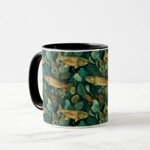 Caneca Truta Marrom Sofisticada Peixe Verde Aquarela