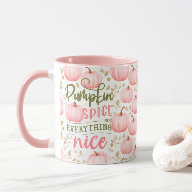 Caneca Tudo Bom de Tempero de Abóbora Rosa Padrão Outono (Com Donut)