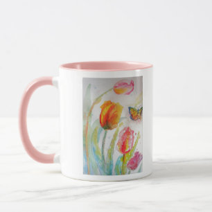 Caneca Tulipa colorida e borboleta Aquarela