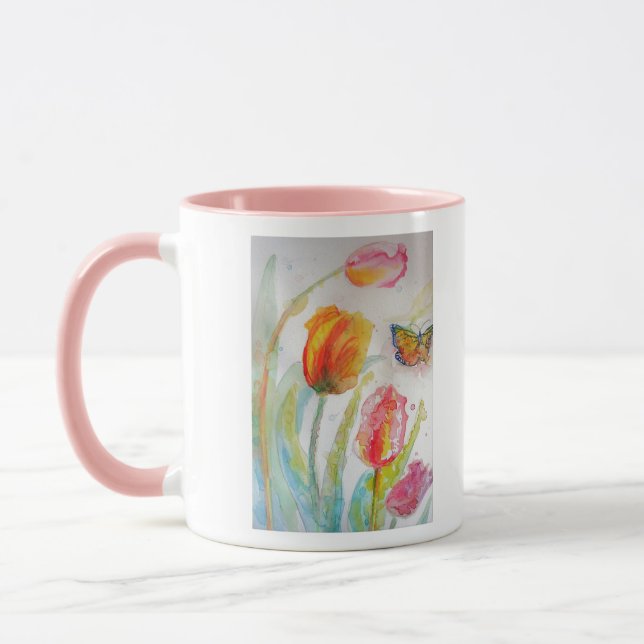 Caneca Tulipa colorida e borboleta Aquarelas floral (Esquerda)
