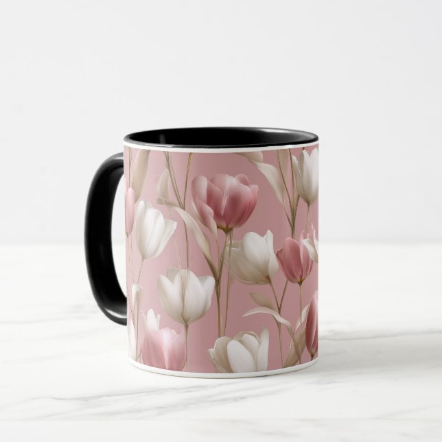Caneca Tulipa Rosa Suave Padrão Floral Branco (Frente Esquerda)