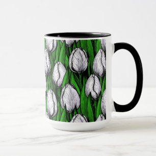 Caneca Tulipas brancas com folhas verdes