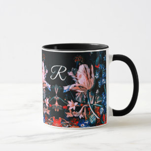Caneca TULIPAS BRANCAS ROSADAS,MONOGRAMA Floral PRETO