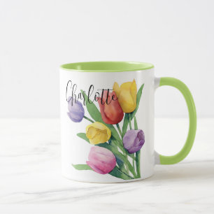 Caneca Tulipas de Primavera de Aquarela