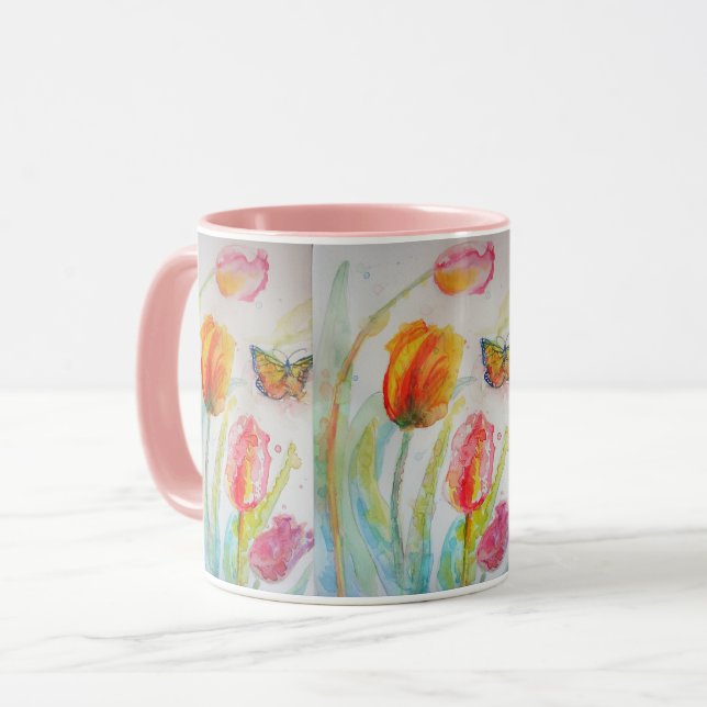 Caneca Tulipas Rosa Tulipas Watercolor Mug (Frente Esquerda)