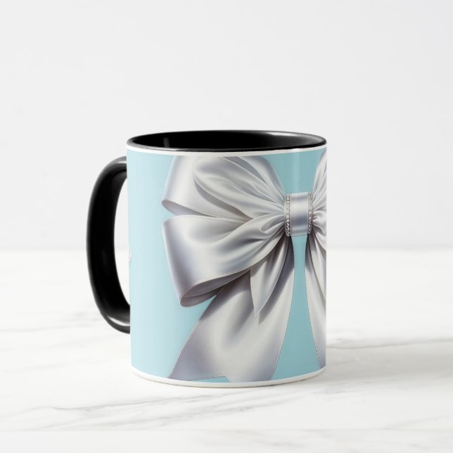 Caneca Turquesa Azul de Ovo de Robin Grande Laço Branco N (Frente Esquerda)