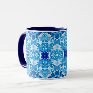 Caneca Turquesa, Cinza e Padrão de Azulejo Azul Cobalto