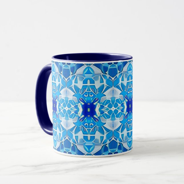 Caneca Turquesa, Cinza e Padrão de Azulejo Azul Cobalto (Frente Esquerda)