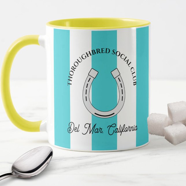 Caneca Turquoise Stripes Horse do Clube Social de Cristo (Thoroughbred Social Club mug with turquoise stripes and horseshoe accent)