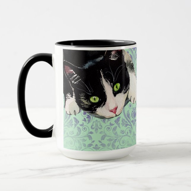 Caneca Tuxedo Cat & Black Cat no Damask Impressão (Esquerda)