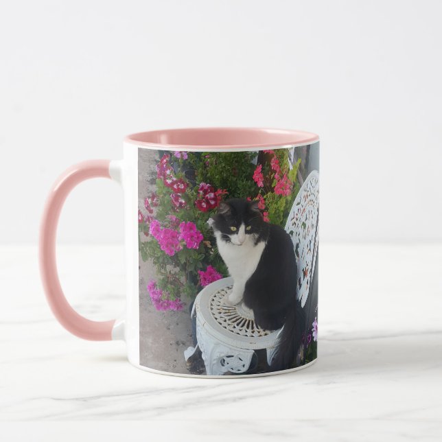 Caneca Tuxedo Cat Flowers Bonito Gatos Gatos Cartão de An (Esquerda)