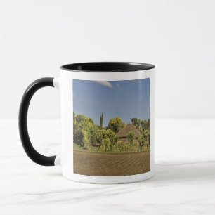 Caneca Um campo agrícola em frente a casas com telhado de