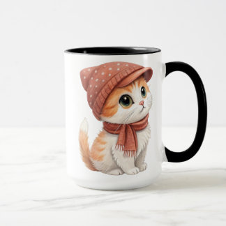 Caneca Um Gato Fofo, Chapéu e Cachecol Cor Pastel