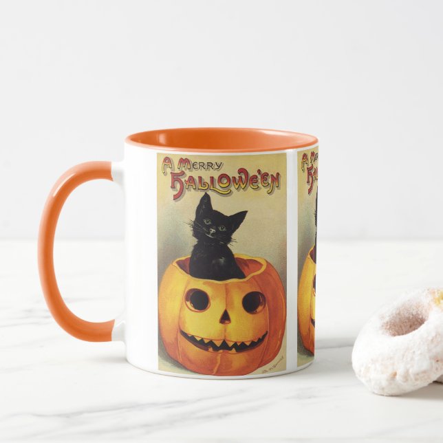 Caneca Um Halloween de Feliz por Ellen Clapsaddle, Gato d (Com Donut)