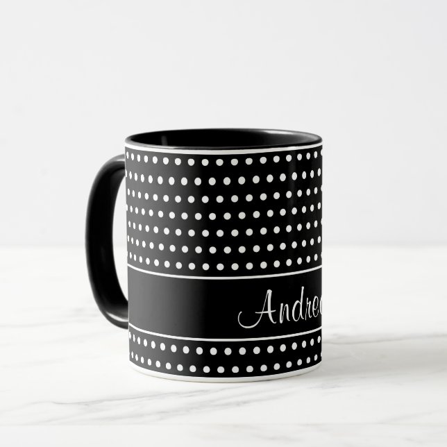Caneca Um Modelo Para Seu Nome, Pontos Brancos Em Preto (Frente Esquerda)