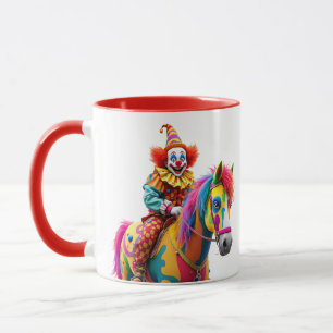Caneca Um palhaço cavalga um cavalo arco-íris.