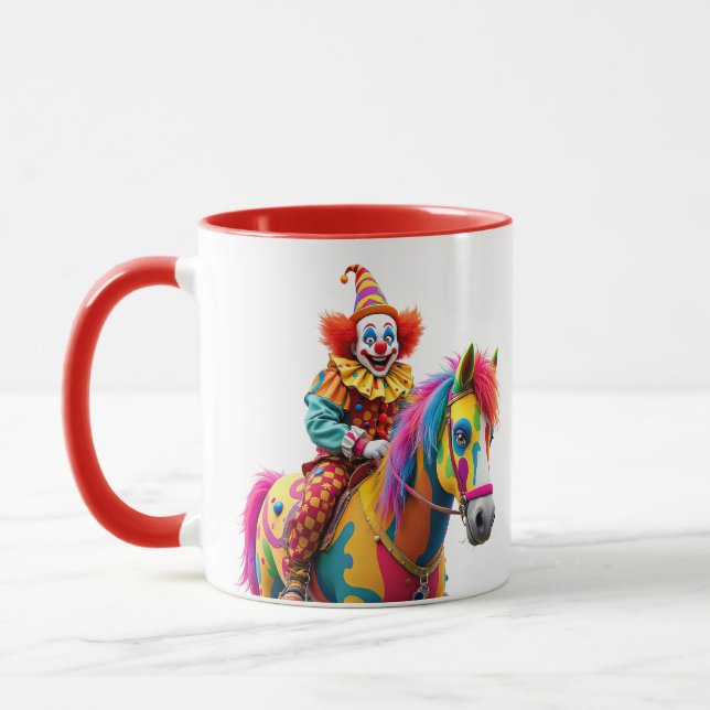 Caneca Um palhaço cavalga um cavalo arco-íris. (Esquerda)